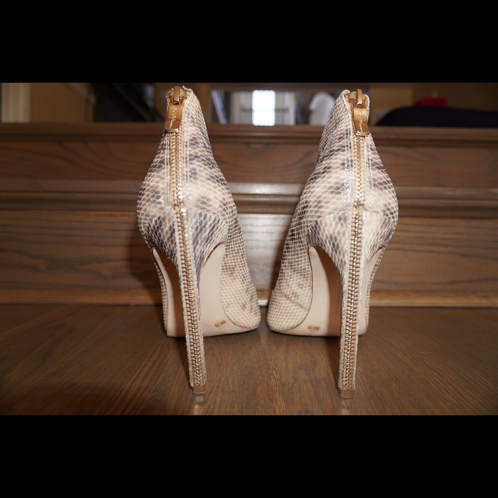 BCBG snakeskin stiletto pumps with gold zipper
